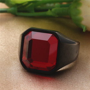 Men's <b>Black</b> <b>Titanium</b> Steel <b>Ring</b> With Red Square Stone Bezel Setting Casual Geometric Jewelry 240102 - Product Image 2