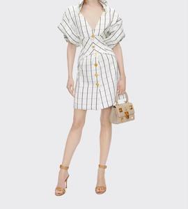 2025 estate Casual abito Midi collezione da donna 100% cotone <span class=keywords><strong>bianco</strong></span> <span class=keywords><strong>nero</strong></span> stampa <span class=keywords><strong>a</strong></span> <span class=keywords><strong>righe</strong></span> con bottone elastico in vita - Product Image 1