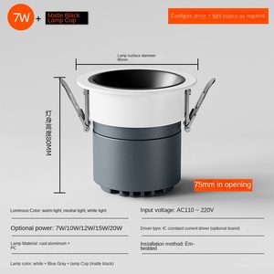 Plafonnier encastré commercial 12W noir LED, corps en aluminium, ouverture 75mm, AC110V, éclairage intérieur, garantie 3 ans, IP20 - Product Image 6