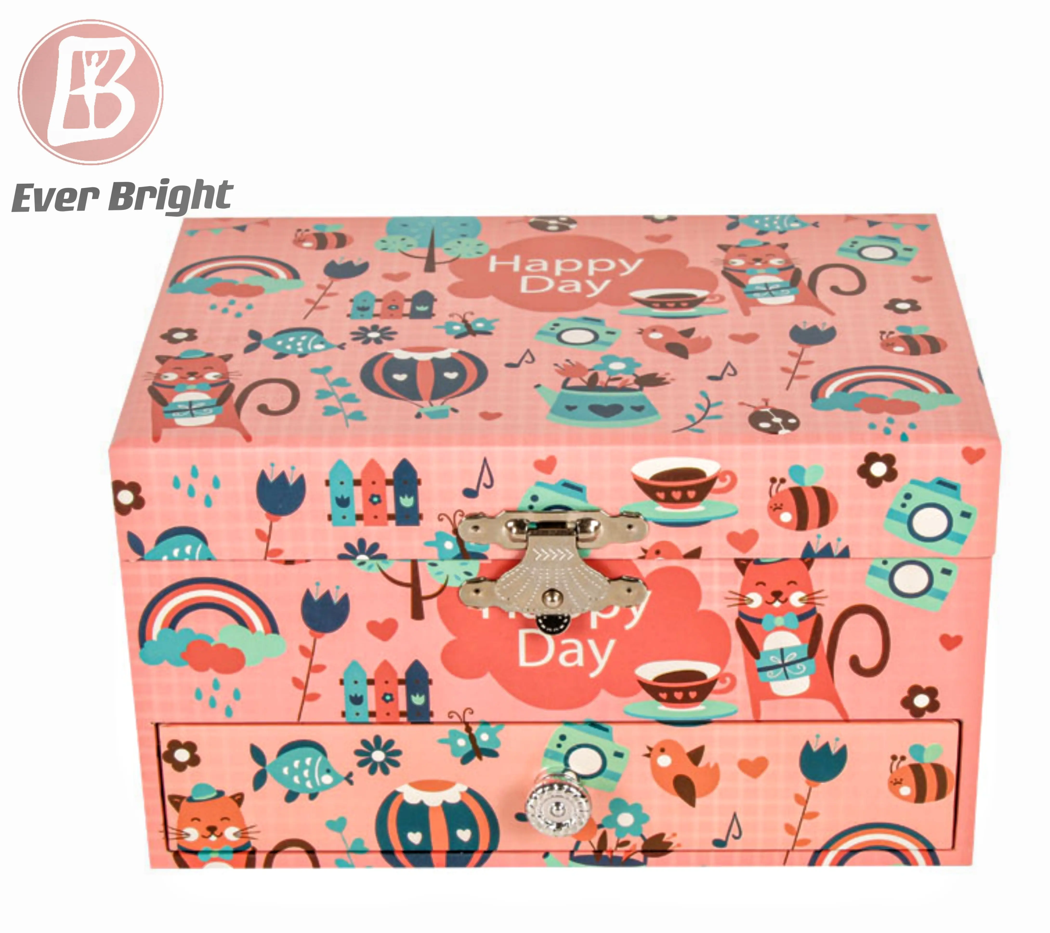 Ever Bright Custom LOGO 5 inch Red Rainbow Cat OWL Jewelry Ballerina Music Box With Drawer For Kids Holiday Birthday Gift