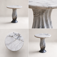 Table d'appoint moderne en marbre blanc naturel, avec piétement cannelé en pierre, pour salon, chambre ou coin.