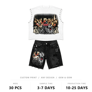 Ensemble short et t-shirt sans manches en denim épais personnalisé, col rond, motif graphique, délavé, pour homme, style streetwear, 2 pièces, 320g - Product Image 1