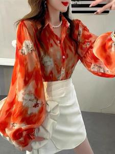 Nuova <span class=keywords><strong>Camicetta</strong></span> in Chiffon con Stampa Floreale <span class=keywords><strong>Arancione</strong></span>, Camicie da Donna con Maniche a Lanterna, Top Ampio Protettivo dal Sole, Blusa Femme 6959 # - Product Image 2