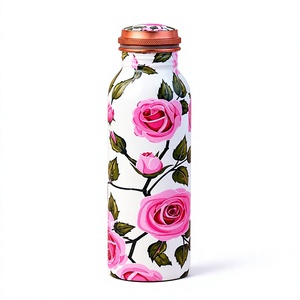Bouteille d'eau en métal imprimée de roses roses florales avec couvercle en cuivre, gourde de voyage portable - Product Image 1
