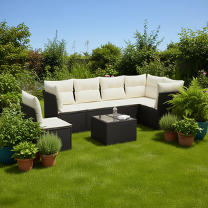 Ensemble de canapés de jardin noir et crème en rotin PE d'extérieur avec coussins en mousse haute densité, design contemporain imperméable - Product Image 2
