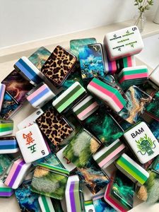 Original Galaxy Resin Leopard Print Layered Handmade <b>Folding</b> Metal <b>Legs</b> Classic American Mahjong Tiles Real Shot Stock Ready - Product Image 2