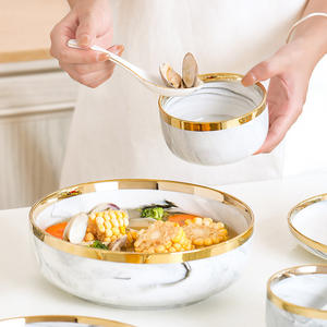 Nuevos cuencos de porcelana de cerámica de lujo, platos de mármol con borde dorado, vajilla + juegos de platos, juego de cena de cerámica para eventos de boda - Product Image 4