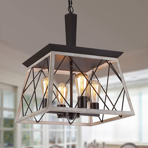 Square Stainless Steel Adjustable Height Pendant Light Black Metal Frame E26 Bulb Base 4-Light <b>Chandelier</b> Remote Control AC220V - Product Image 1