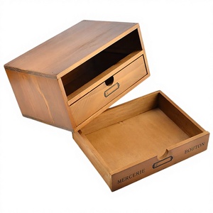 Wooden Storage Box With <b>Drawer</b> Engraved Mercerie Bouton Classic Rectangular Multilayer Design For Sundries Organization - Product Image 2