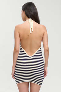 <span class=keywords><strong>Vestido</strong></span> Mini Náutico Vintage Y2K, Cuello Halter con Escote en V, <span class=keywords><strong>Rayas</strong></span> Blancas <span class=keywords><strong>y</strong></span> Azules, Tejido <span class=keywords><strong>de</strong></span> Punto Acanalado, Ajustado al Cuerpo - Product Image 2