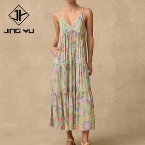 Manufacturer Designs Beach Fashion Retro Print V-neck Layered Midi <b>Dress</b>, Custom Viscos Casual <b>Dress</b> - Product Image 1