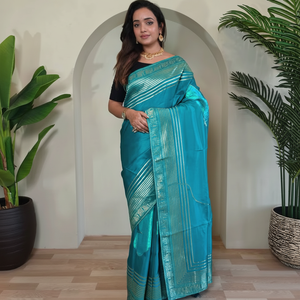 Vente en gros directe d'usine SHIV FASHION – Saree bohème élégant en soie jacquard bleu sarcelle, design indien et pakistanais, idéal pour toutes les occasions festives - Product Image 1