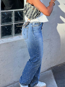 Jeans de Pierna Ancha de Talle Grande <span class=keywords><strong>para</strong></span> Mujer, Lavado Claro, con Pedrería y Lunares, Cintura Alta, Ajuste Holgado, <span class=keywords><strong>Pantalones</strong></span> Vaqueros, Ropa de Calle Moderna <span class=keywords><strong>para</strong></span> <span class=keywords><strong>Fiesta</strong></span> - Product Image 2