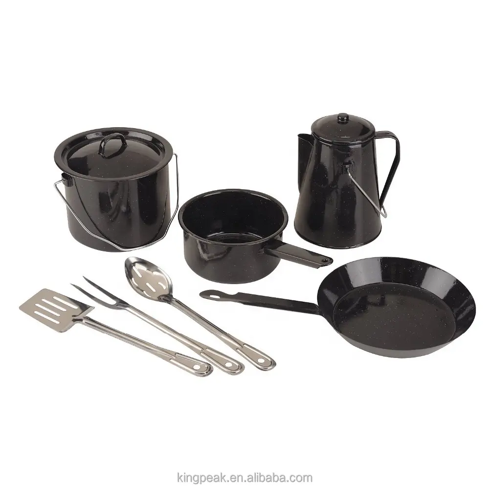 Venta caliente Esmalte Ware Dining Set esmalte de acero taza de camping juego de regalo Camping Cook Set