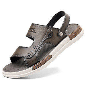 Jooq Sandalias planas para hombre con punta abierta, suela de goma de cuero genuino, zapatos informales antideslizantes de verano - Product Image 5
