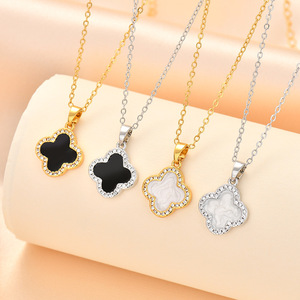 Collar con Colgante de Trébol de Cuatro Hojas, Chapado en Oro/Plata con Circonitas, Elegante Gargantilla con Dije de Concha/Esmalte para Mujer, 4 Estilos Disponibles - Product Image 1