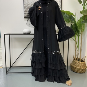 1828# Muslim Women Favorite Dark Black Abaya Kimono Beading Pearls Cake Bottom Mesh Design Black Cardigan Abayas Modest Clothing - Product Image 2