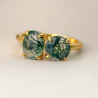 Bague unisexe classique ajustable en laiton plaqué or 18 carats avec agate mousse et pierres précieuses, sertie griffe, pour femme, idéale pour un anniversaire - Vente en dropshipping