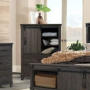 Juego de dormitorio gris con cama de almacenamiento, estantería abierta, cómoda, mesita de noche y armario para estilo rústico - Product Image 3