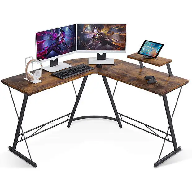 Mesa de computador moderna em forma de L de madeira combinação barata mesa de escritório doméstica de canto para jogos com estante