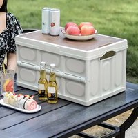 Boîte de rangement pliable d'extérieur en plastique PP, bac de camping pliable, caisse utilitaire empilable avec couvercle en bois pour camping-car, coffre de voiture, OEM ODM