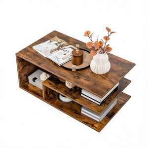 Mesa de Centro Rectangular Marrón de 3 Niveles con Estante en Forma de L, Muebles Modernos para Sala de Estar, Espacio de Almacenamiento de Madera, Decoración del Hogar - Product Image 1