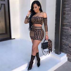 2022 Mùa Hè Ngắn Hai Mảnh Thiết Lập Phụ Nữ Quần Áo In Dài Tay Áo <span class=keywords><strong>Crop</strong></span> Top Bodycon Dresses Sexy Ngắn Mini Váy - Product Image 3