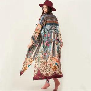 Vintage Floral Printed Summer Robe Tunic Tops Boho Beach Cover Up, Cardigan Women Long Cover Up Cotton Kimono