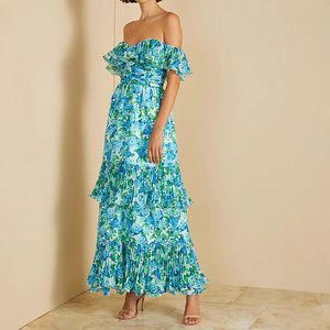 Vestido Largo de Noche de Gasa con Estampado Floral, Hombros Descubiertos, Cintura Imperio, Cierre Frontal, Estilo Transpirable - Product Image 1