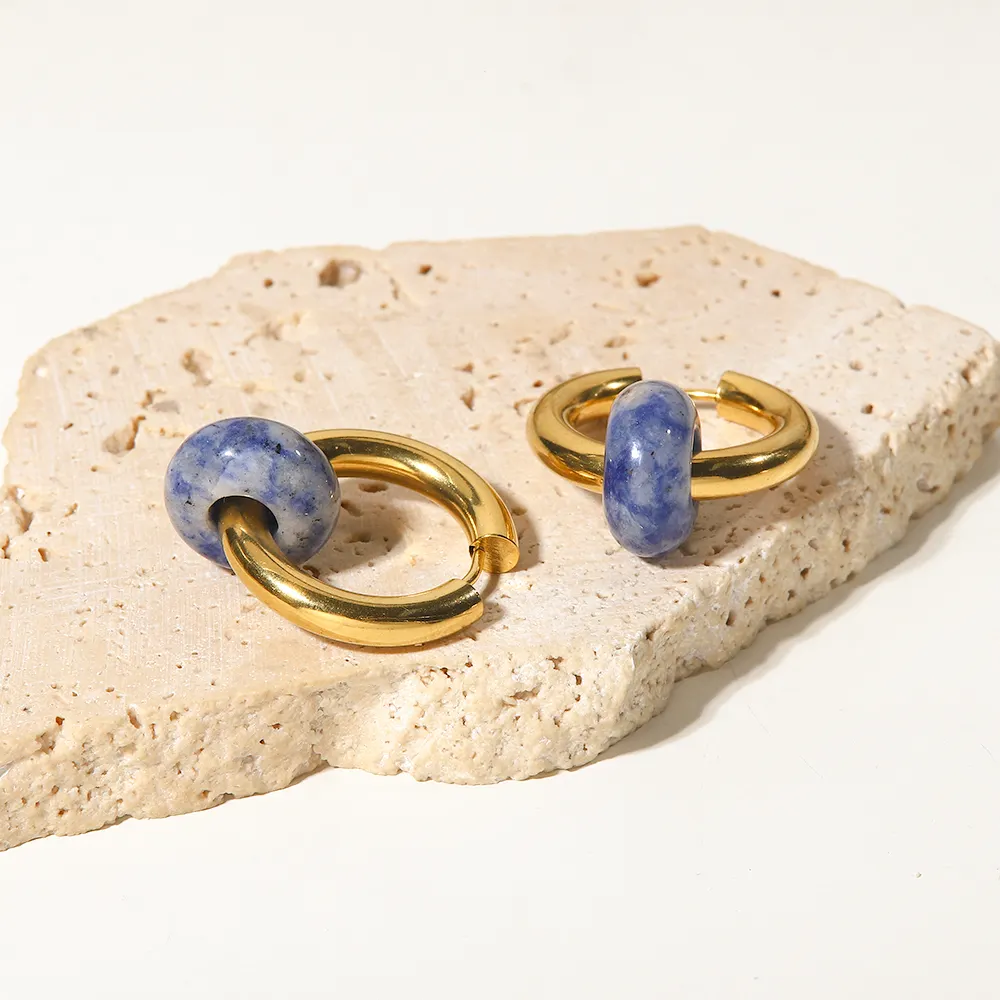 Ins Mode Lapis Batu Liontin 18K Emas Disepuh Stainless Steel Hoop Earrings untuk Wanita