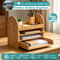 Organisateur de bureau moderne en bambou cintré avec plateaux coulissants, porte-documents en bois pour bureau, organiseur de papier à 3 niveaux, support de rangement
