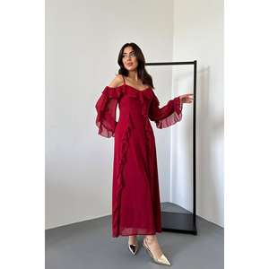 ชุดราตรีสีแดงเบอร์กันดีแบบขายส่ง กระโปรงบานระบายชีฟองสั้น ประดับเลื่อม แต่งระบายหลายชั้น ประดับมุกและคริสตัล ยาวกรอมพื้น สำหรับไซส์ XS - Product Image 5