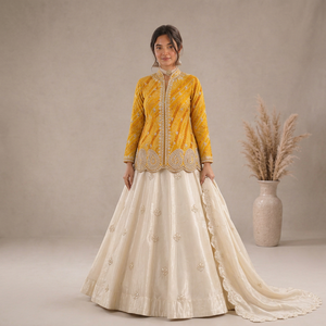 Ensemble Lehenga Kurta Dupatta jaune brodé pour Navratri, avec travail Gota Patti, en tulle souple et longueur ras du sol, style indien - Product Image 1