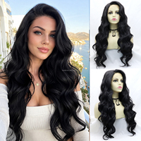 AliLeader Wig Rambut Sintetis Tahan Panas, Model Loose Body Wave Panjang, Warna Hitam, Serat Tahan Suhu Tinggi, Pre Plucked, Lace Front, Laris Manis