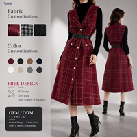 Ensemble deux pièces pour femme, sur mesure, en gros, en tissu à carreaux, col montant, sans manches, boutonné devant, ceinturé, coupe midi trapèze, pour le bureau