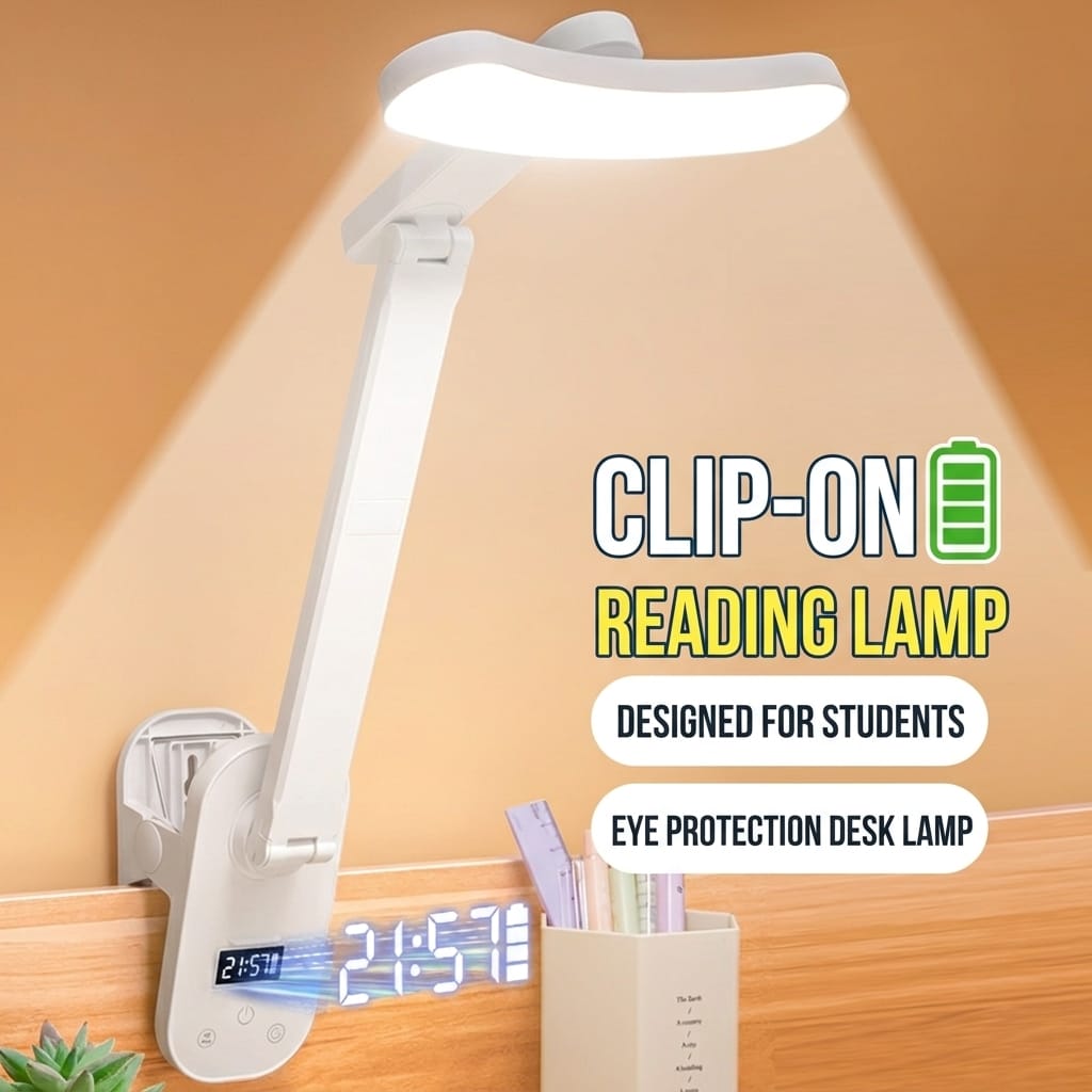 certified Eye Protection Type-C Rechargeable LED Desk Lamp with Clock Clip-on Foldable Reading Light Dimmable Study Table Lamp