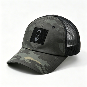 Casquette de camionneur camouflage noire avec logo patch, toile et dos en maille, réglable, snapback, tactique, unisexe, pour l'extérieur, style affirmé - Product Image 5