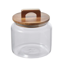 Hand Blown High Borosilicate <b>Glass</b> Storage Jar Wide Mouth Clear <b>Glass</b> Jar with Custom Acacia Wood Lid - Product Image 2
