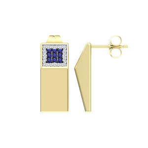 925 Sterling <b>Silver</b> Gold Plated Geometric Rectangle <b>Stud</b> Earrings with Blue Sapphire CZ and White Cubic Zirconia Modern - Product Image 4
