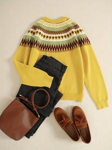 <strong>Women's</strong> Fair Isle Yoke Knit Sweater 2026 Winter Crew Neck Long Sleeve Pullover 100% Polyester <strong>Mustard</strong> Yellow Geometric <strong>Jumper</strong> - Product Image 2