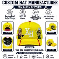Casquette de baseball jaune avec graphique anime personnalisé, broderie complexe, chapeau de sport, fabricant OEM, logo 3D en relief de haute qualité, snapback