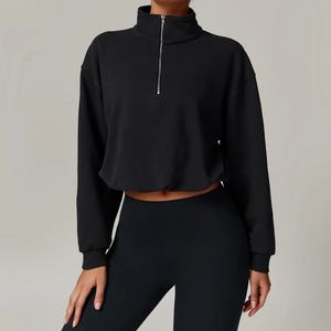 Nouveau sweat-shirt à capuche court pour femme, tissé, à manches longues, col montant, imprimé avec logo frontal, pour le fitness, la course et l'entraînement - Product Image 1