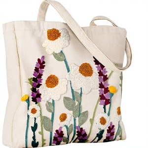 Aesthetic Flower Pattern Embroidery Women's Reusable Canvas <b>Tote</b> <b>Bag</b> with Long Handle <b>Zipper</b> Closure for Shopping Travel Work - Product Image 2