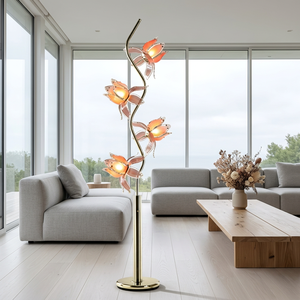 Retro Art Deco Lotus <b>Standing</b> Lamp 4 Flower Heads S Curve Golden Pole Acrylic Petal Lamp, Custom For Vintage Interior Project - Product Image 1
