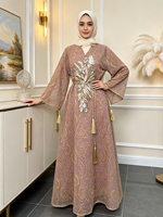 Robe longue élégante pour femmes musulmanes, col montant, ouverture en V partielle, sequins, broderie florale, Abaya, soirée, Dubaï, tenue modeste