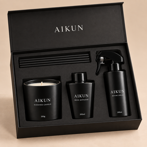 ชุดของขวัญน้ำหอมปรับอากาศในบ้าน Aikun Matte Black ขนาด 200 มล. พร้อมก้านไม้หอม และเทียนหอม 200 กรัม บรรจุในกล่องโฟมป้องกัน - Product Image 1