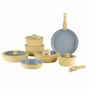 Ensemble de casseroles en aluminium forgé jaune E-TOP 14 pièces, antiadhésif, facile à ranger, avec poignée amovible pour la cuisson - Product Image 1