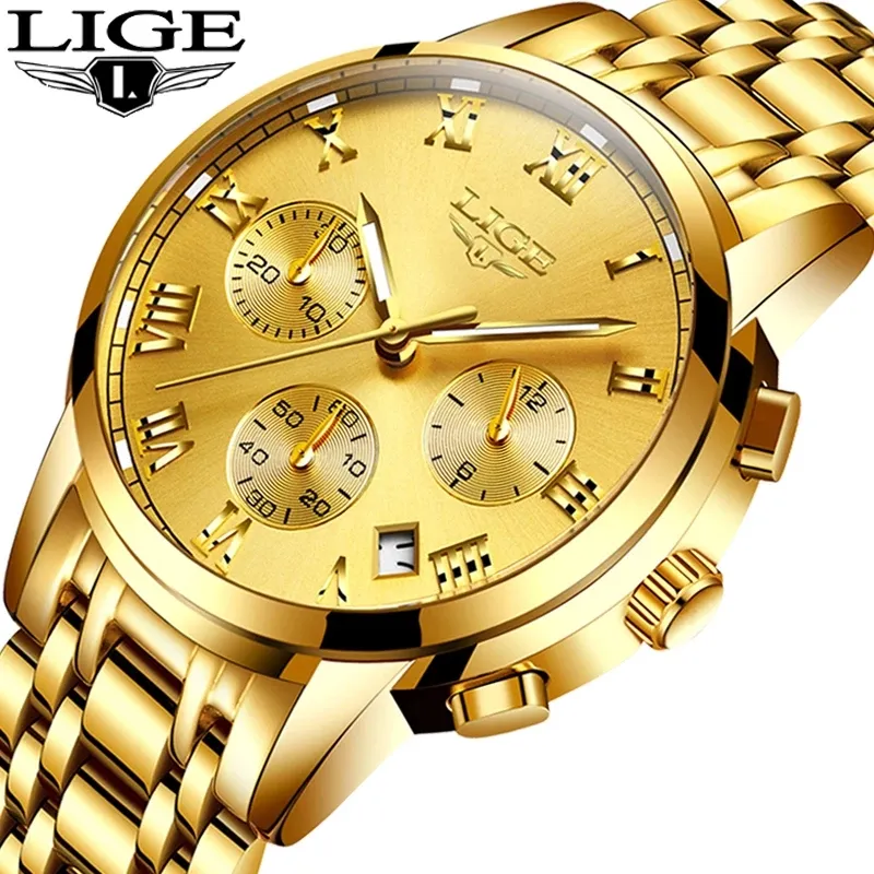 LIGE LG9810 fancy gold china men quartz watch steel band Waterproof 3 dials Multi function watch date display business watch set