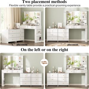 Coiffeuse blanche avec miroir LED éclairé et 8 tiroirs de rangement, table de maquillage avec prise électrique et 3 modes de couleur - Product Image 6