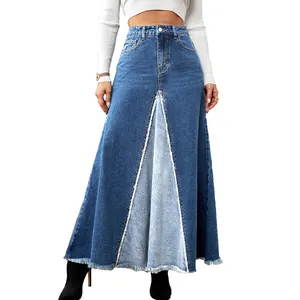 Women vintage denim long skirts fashion jeans casual high waist patchwork fluffy denim skirt